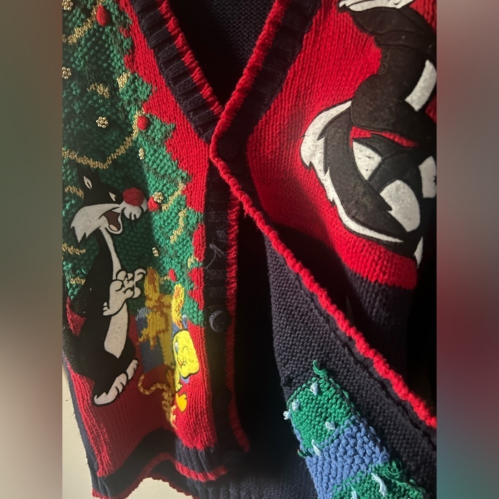 VINTAGE 1995 LOONEY TUNES/WARNER BROS.EAGLES EYE HAND KNIT XMAS SWEATER SIZE S - Picture 8 of 12